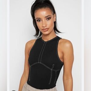 Maniere de Voir Sleeveless Bodysuit in Black w/White Stitching, Back Zip, US 8